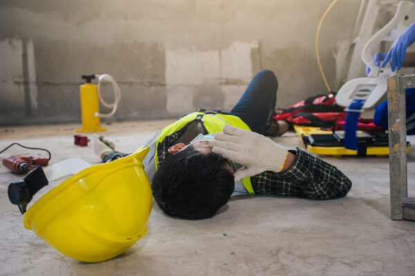 A construction worker holding his head in pain after sustaining a traumatic brain injury from a fall. 