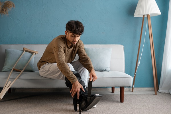 Injuried man with sprained ankle and black splint orthosis sitting on the sofa at home.