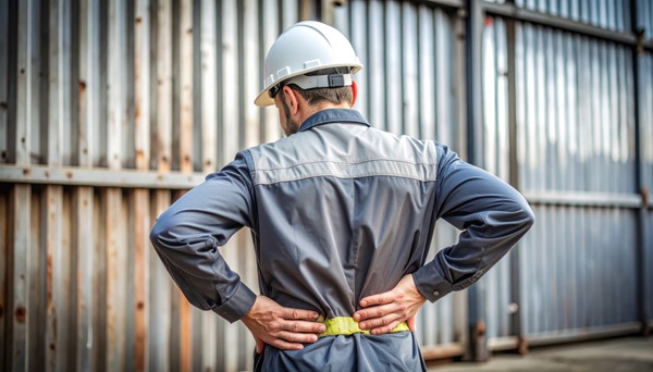 A construction worker wearing a white hard hat and gray uniform gripping his lower back in pain, standing in front of metal shipping containers.