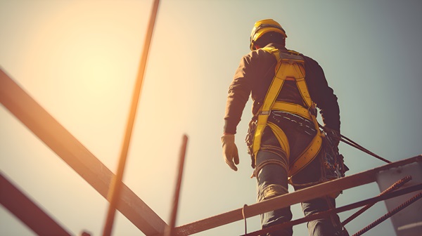 An Ohio construction worker wearing a safety harness and helmet, standing on a steel beam, overlooking a building site.
