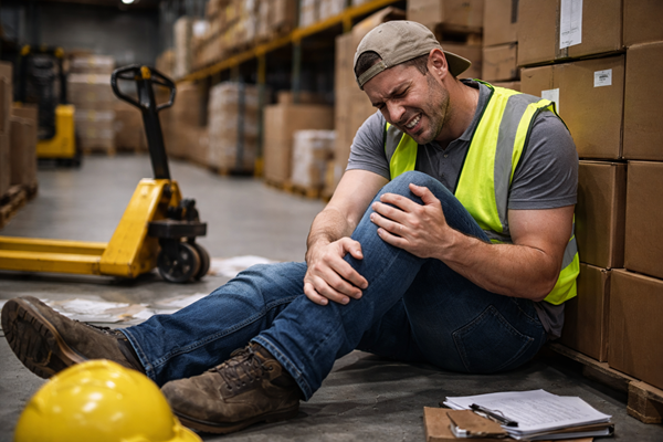 A warehouse worker sitting on the floor and clutching his injured knee in pain after a workplace accident, highlighting the eligibility of part-time and seasonal employees for Ohio workers' comp benefits.