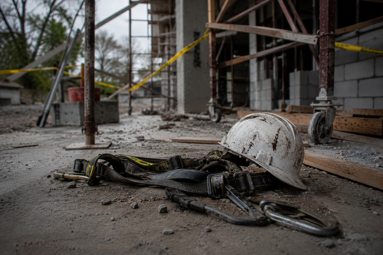 A dirty white hard hat and a safety harness with carabiners lie on a dusty concrete floor in the foreground of an Ohio construction site, with scaffolding, concrete block structures, and yellow caution tape visible in the blurred background.