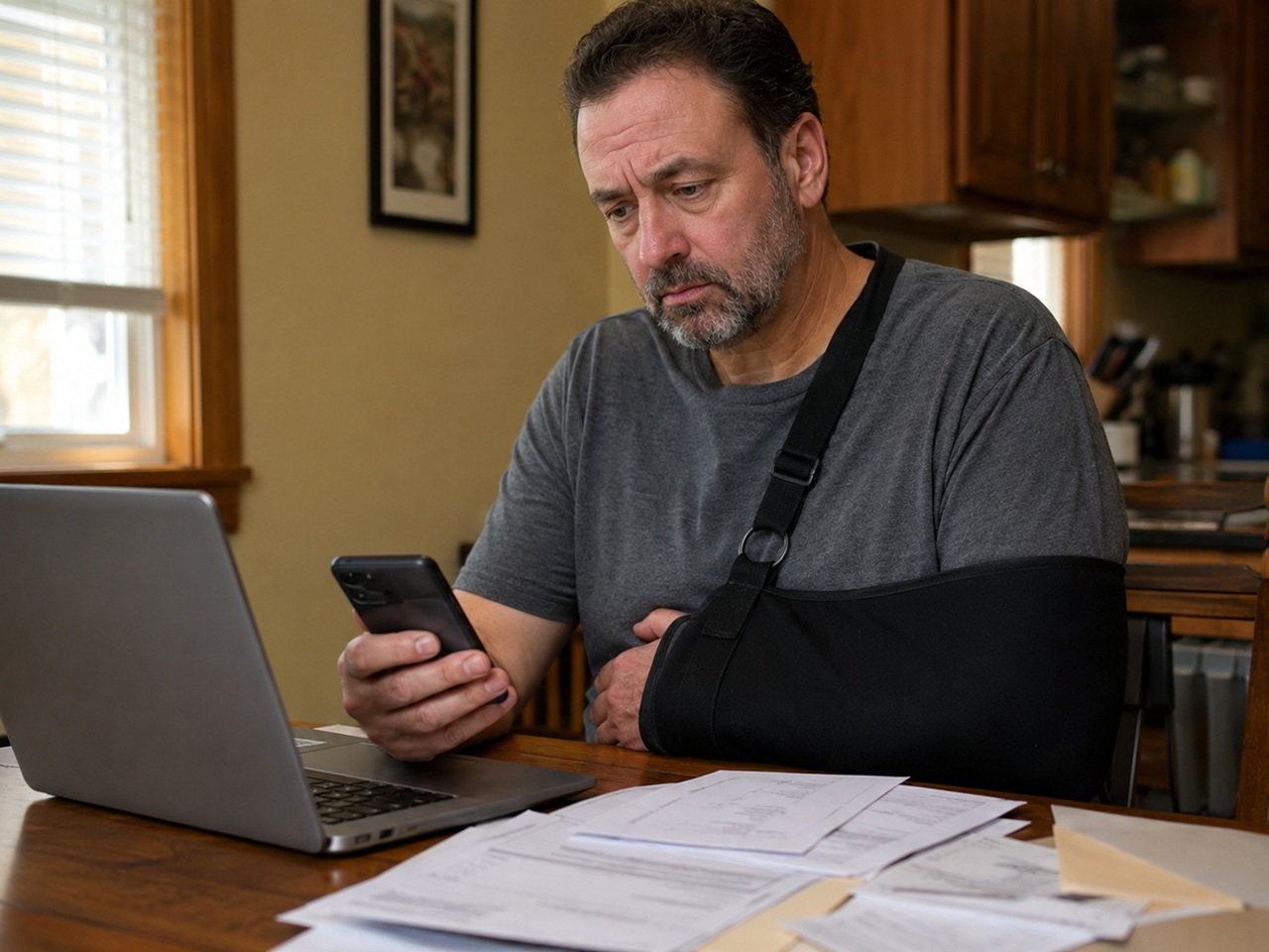 A middle-aged man wearing a black arm sling sits at a wooden table with a laptop and open paperwork, looking intently at the smartphone he is holding in his hand.