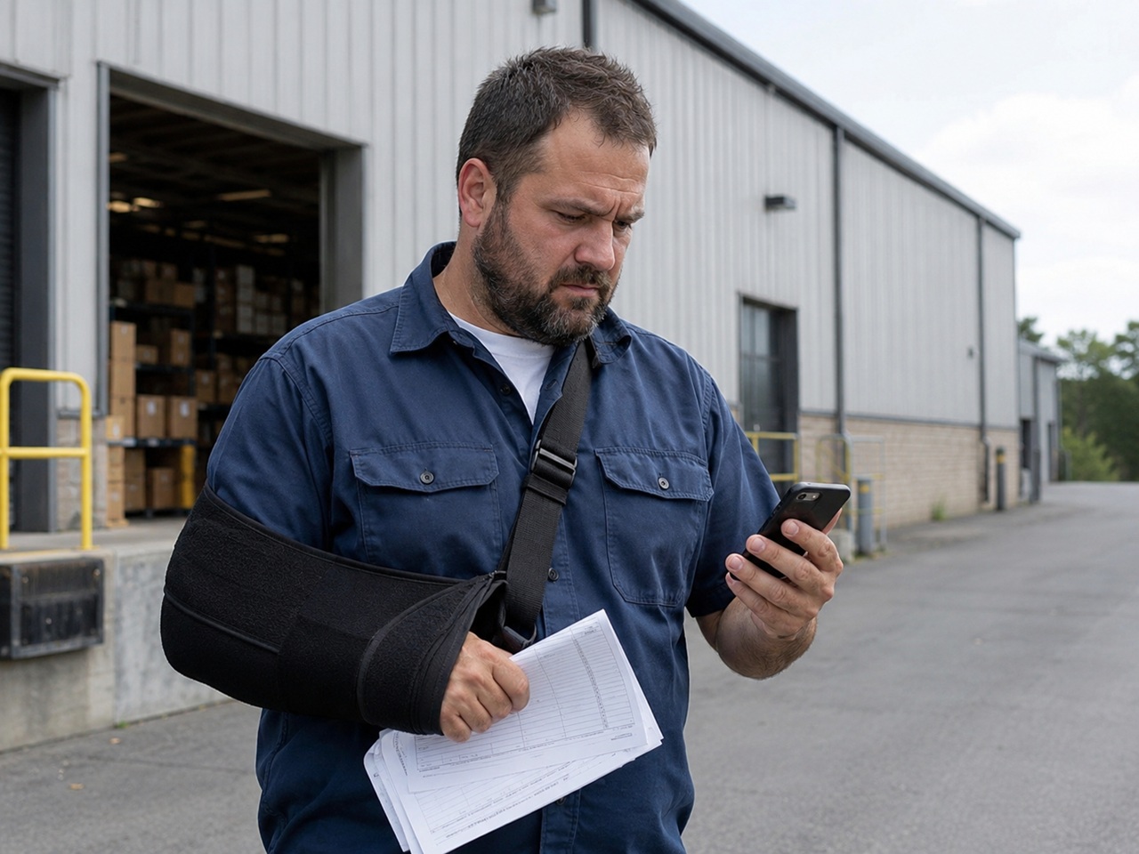 A warehouse worker wearing an arm sling stands outside an industrial facility holding paperwork and looking at his phone with a worried expression, depicting an injured Ohio worker who may have been fired in retaliation for filing a workers' compensation claim.