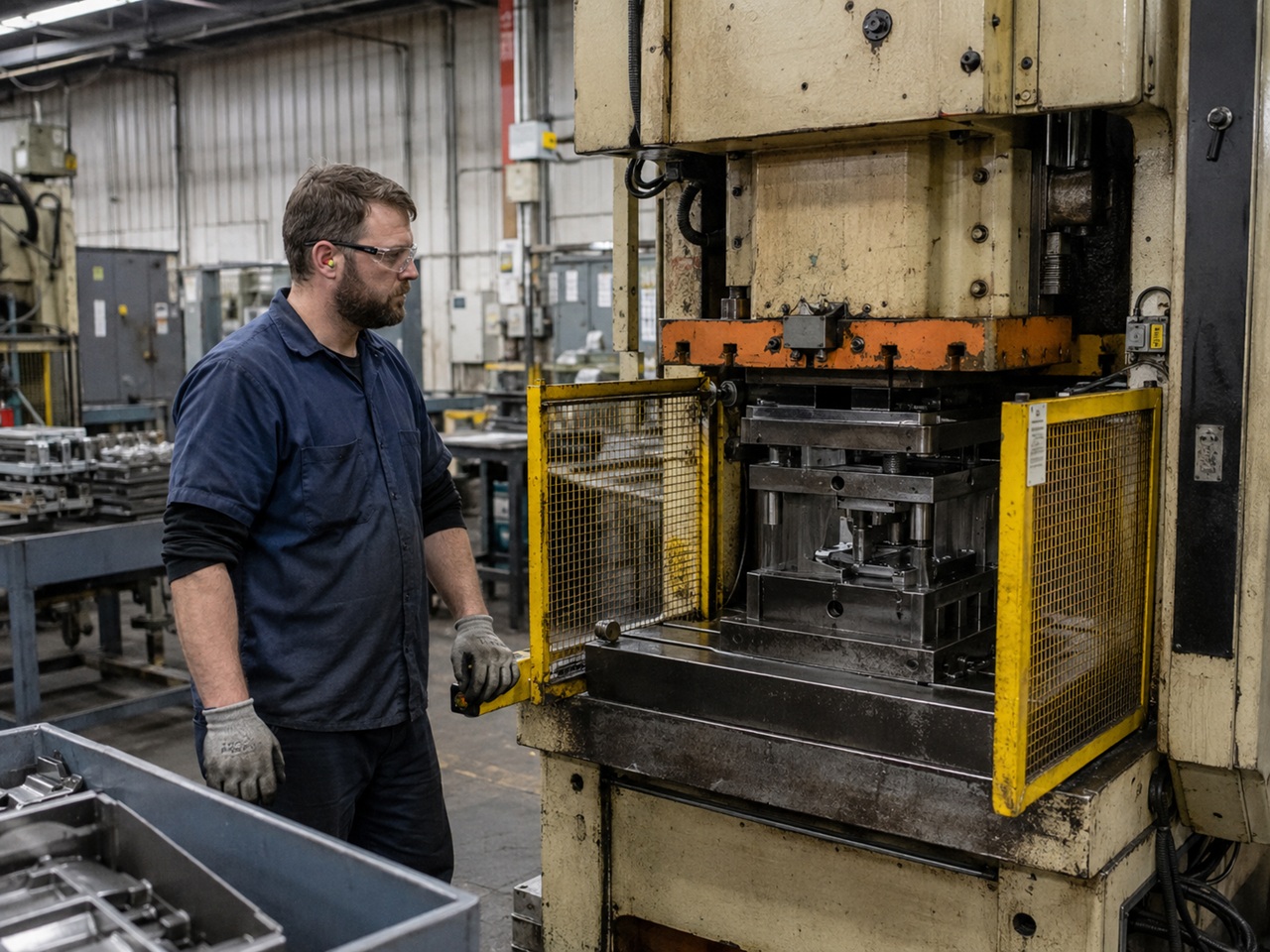 A factory worker operating an industrial stamping press with an exposed safety guard, illustrating an unsafe machine condition that can support an Ohio VSSR workers compensation award.