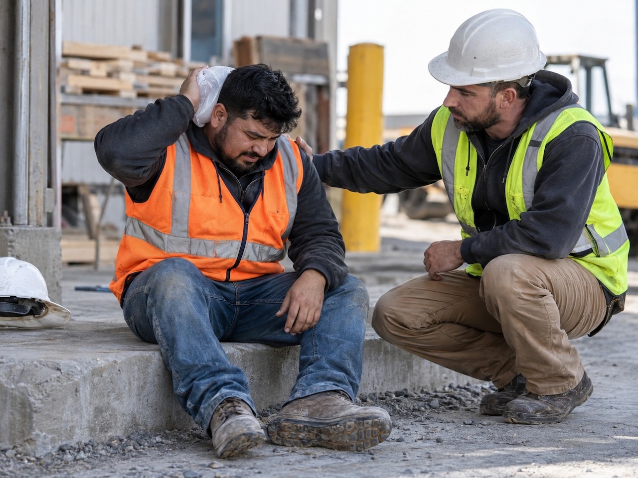 Construction worker sitting on a curb holding an ice pack to the back of his head while a concerned coworker crouches beside him.