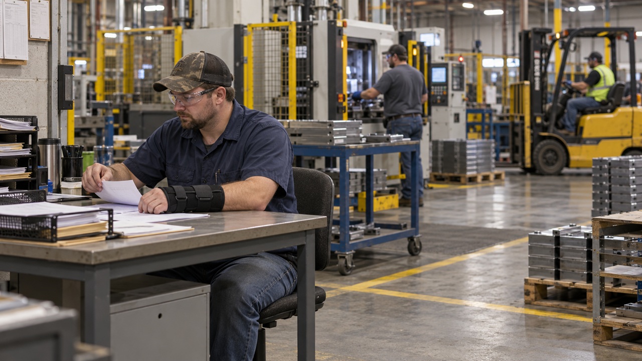 Ohio warehouse worker sitting at a desk on light duty after a work injury.